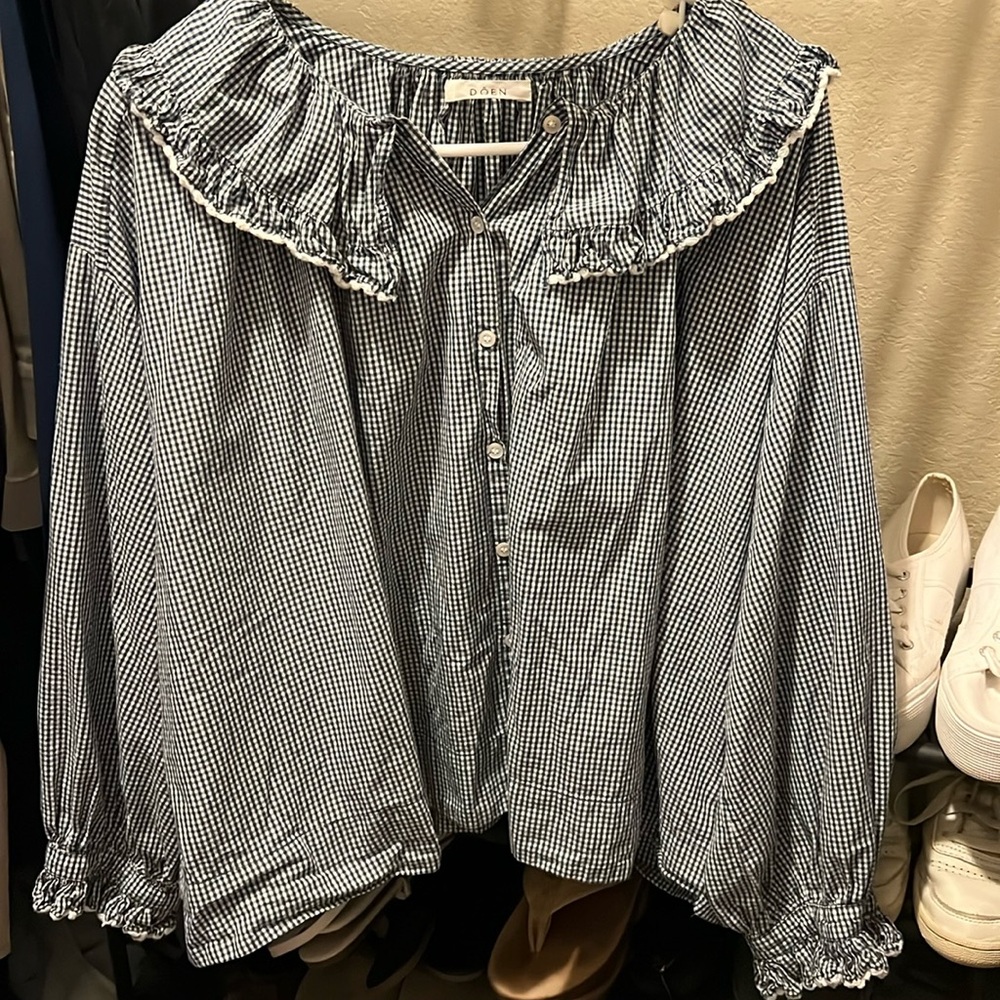 Doen Blue and White Gingham Blouse